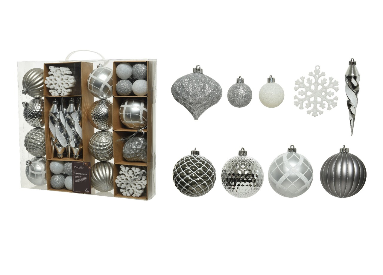 Cutie cu 50 globuri asortate Silver mix, Decoris, plastic, alb/argintiu - imagine 4
